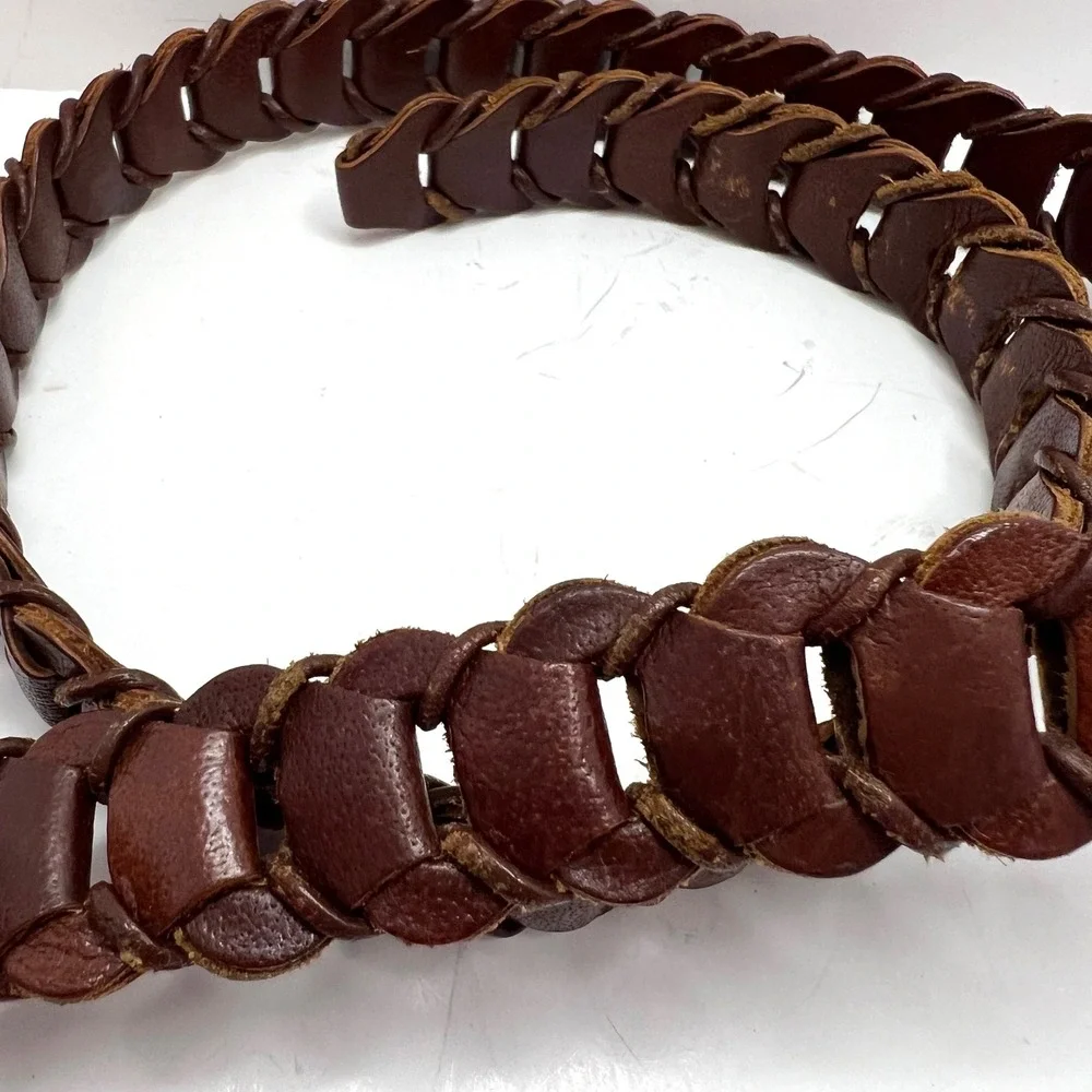 Genuine Leather Woven‎ Link Belt Dark Brown Solid Brass Buckle Made in India 90s